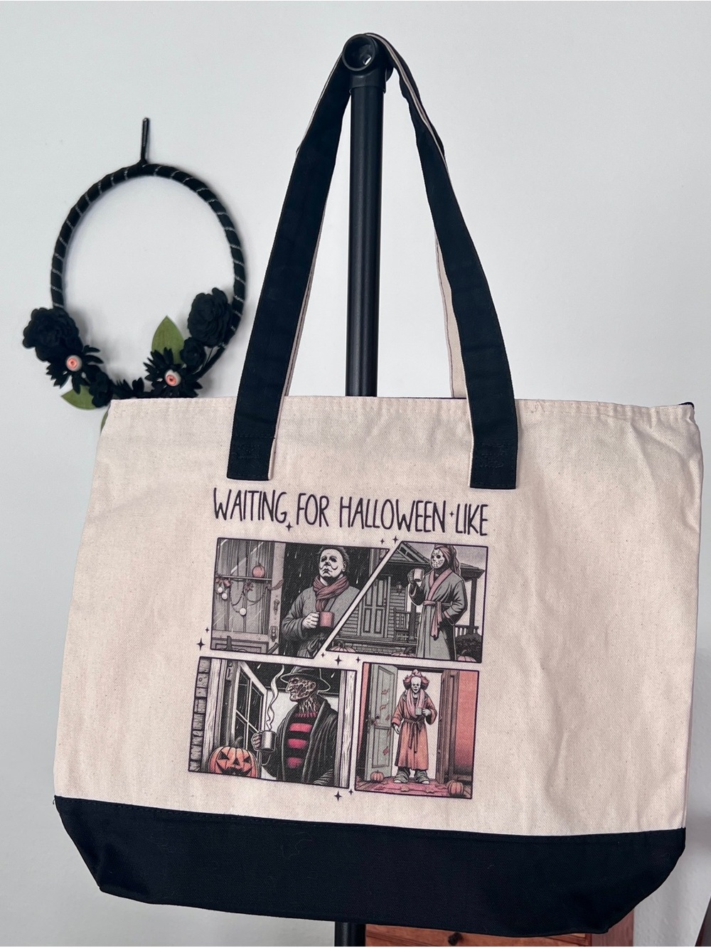Halloween Canvas Tote Bag with Black Trim 80’s Horror Movies